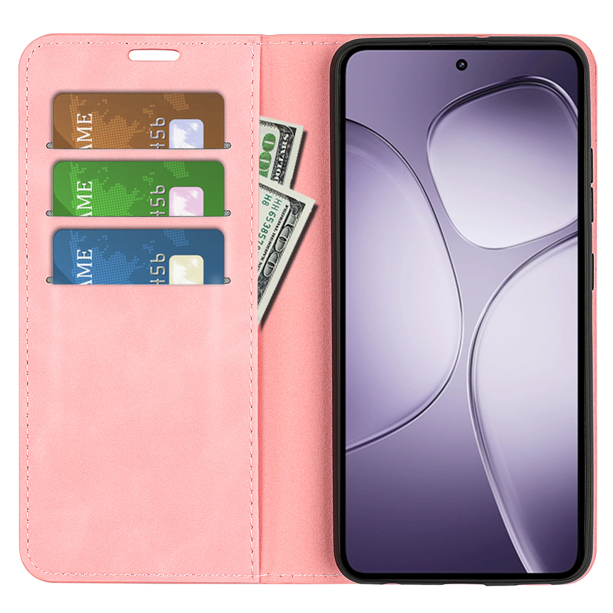 Roze telefoonhoes met kaarten en contant geld. Telefoon toont een paarse achtergrond. Open.
