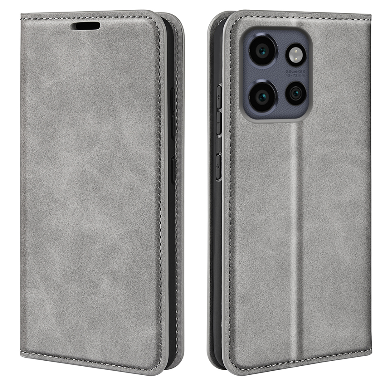 Étui de téléphone en cuir gris, ouvert et fermé. L'étui a une caméra. Le téléphone est dans l'étui. L'étui est gris.