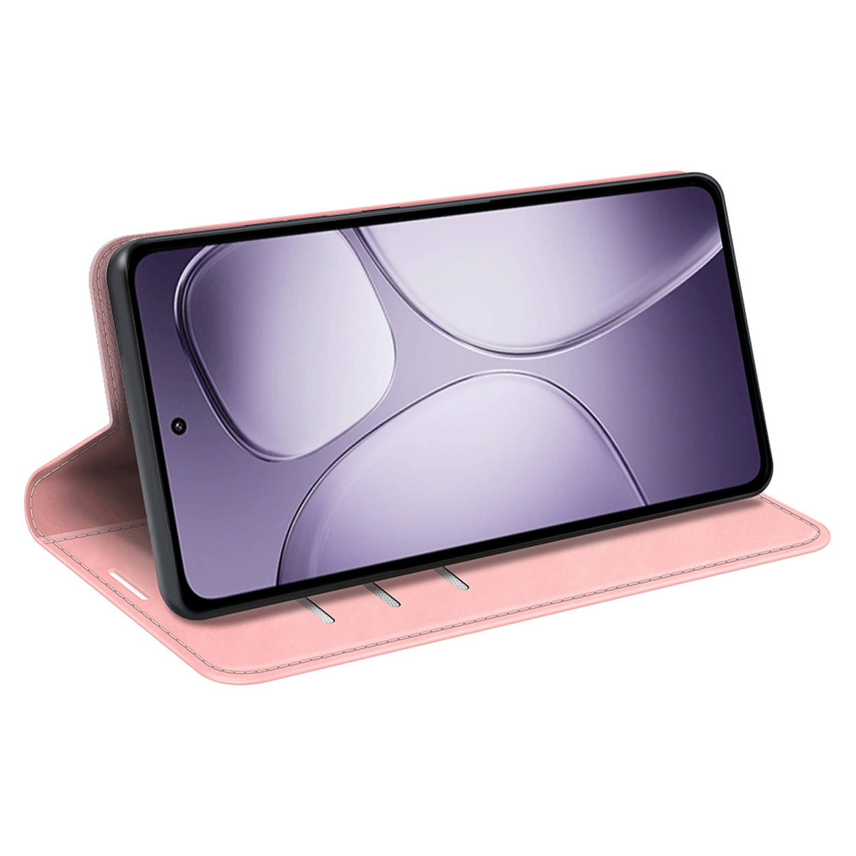 Roze telefoonhoes met telefoon. Telefoon toont een paars golfpatroon.