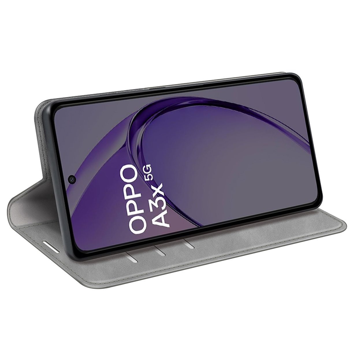 Grijze telefoonhoes met een telefoon erin. Het telefoonscherm staat aan. De achtergrond is wit.