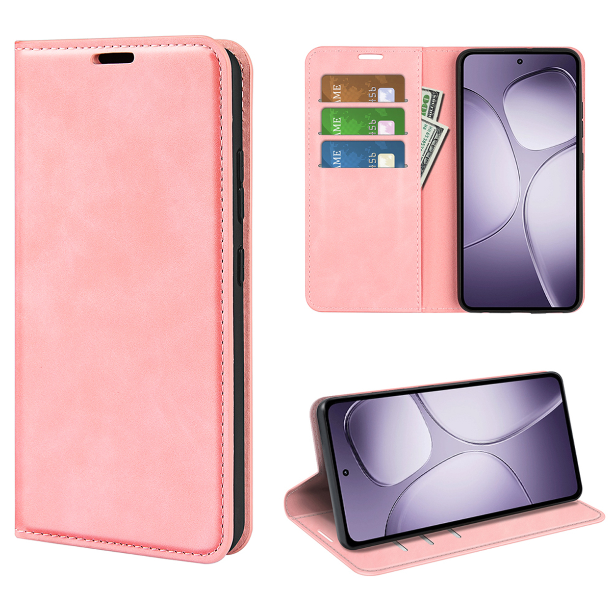 Roze telefoonhoes, verschillende weergaven. Telefoon met kaarten en geld.