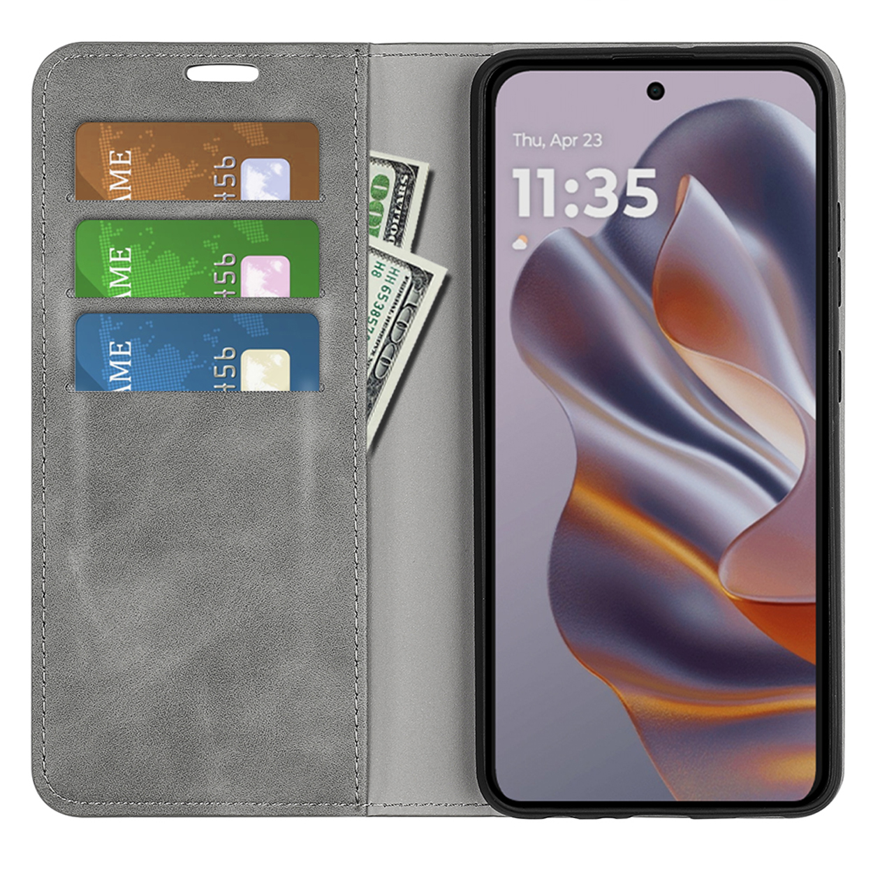 Étui de téléphone gris ouvert avec cartes et argent. Le téléphone affiche l'heure et un arrière-plan flou.