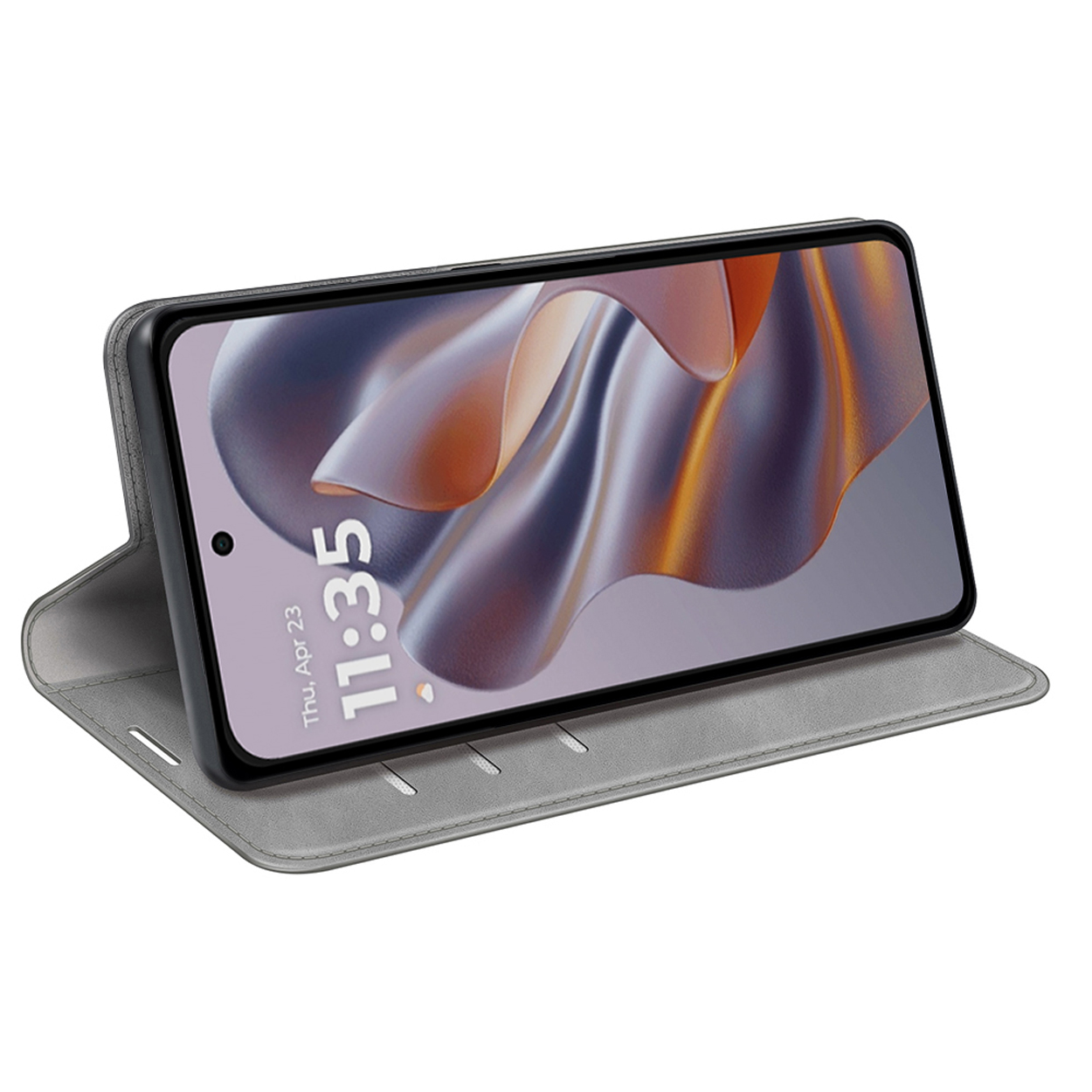 Téléphone dans étui gris, ouvert. Écran affiche 11:35. Incliné sur une surface.