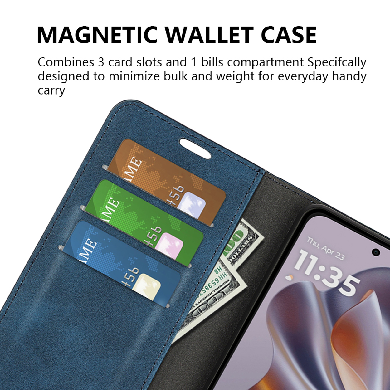 Étui de téléphone bleu ouvert avec cartes de crédit et argent liquide. Le téléphone affiche l'heure et la date.
