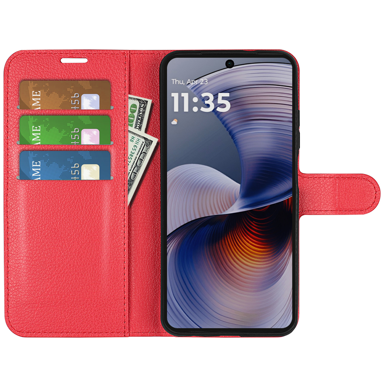 Rode telefoonhoes open met kaarten en geld. De telefoon staat rechts. De achtergrond is wit.
