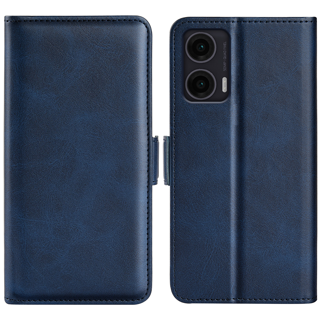 Étui de téléphone bleu, ouvert et fermé. L'étui a des coutures et un fermoir. Caméra du téléphone visible. Cuir bleu.