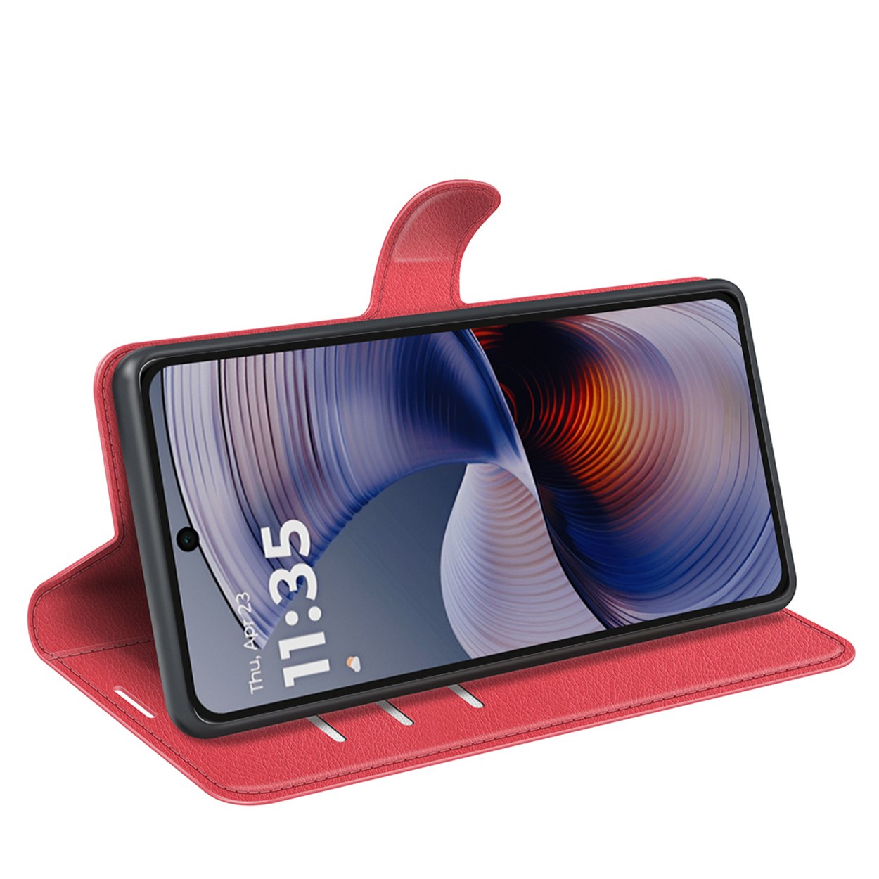 Een rode telefoonhoes houdt een telefoon vast die 11:35 weergeeft. De hoes is open en op een witte achtergrond.