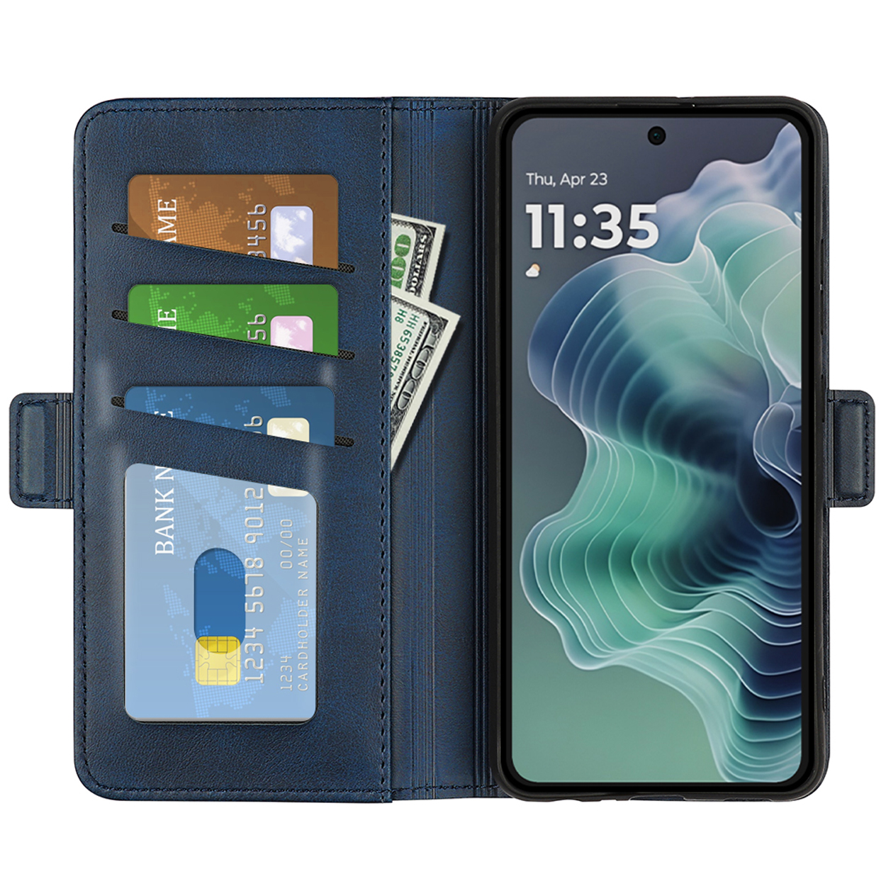 Étui de téléphone bleu, ouvert, montrant des cartes, de l'argent et le téléphone. Le téléphone affiche l'heure et un design.