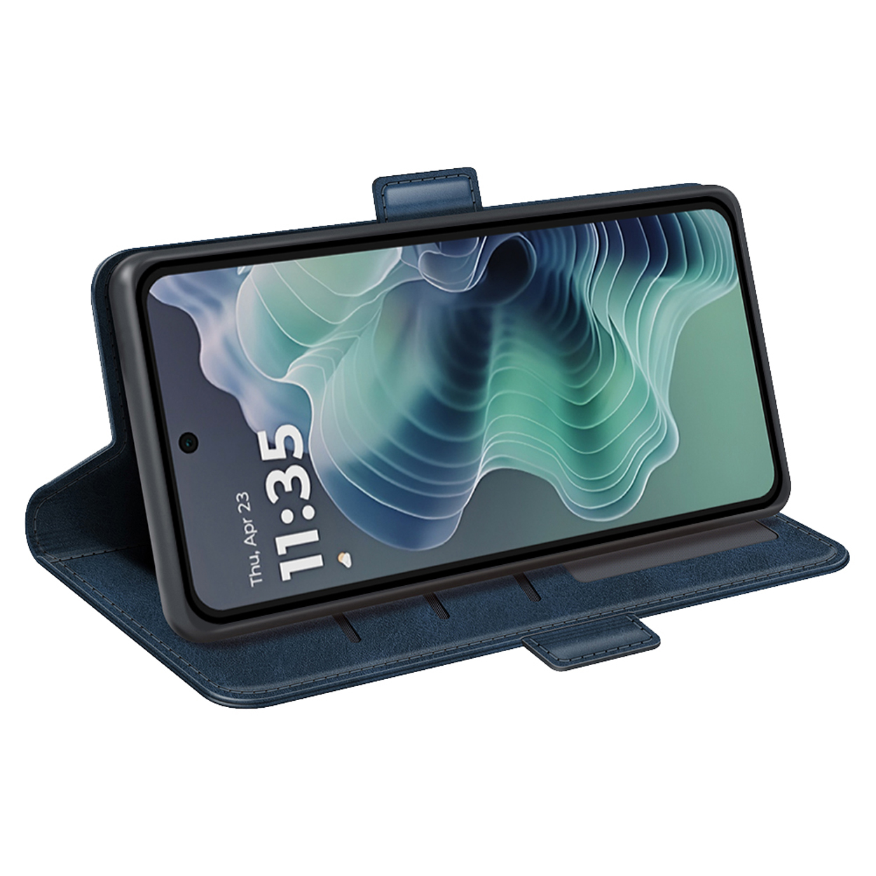 Étui de téléphone bleu avec téléphone affichant 11:35. Le téléphone est dans l'étui.