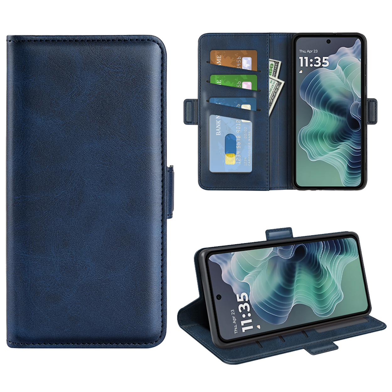 Étui bleu avec téléphone, cartes et argent. Le téléphone affiche la date.