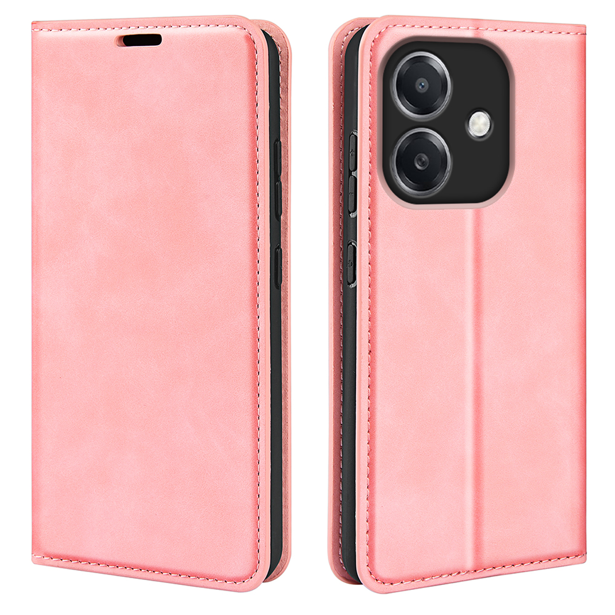 Étui de téléphone rose, fermé et ouvert. L'étui est de style portefeuille.