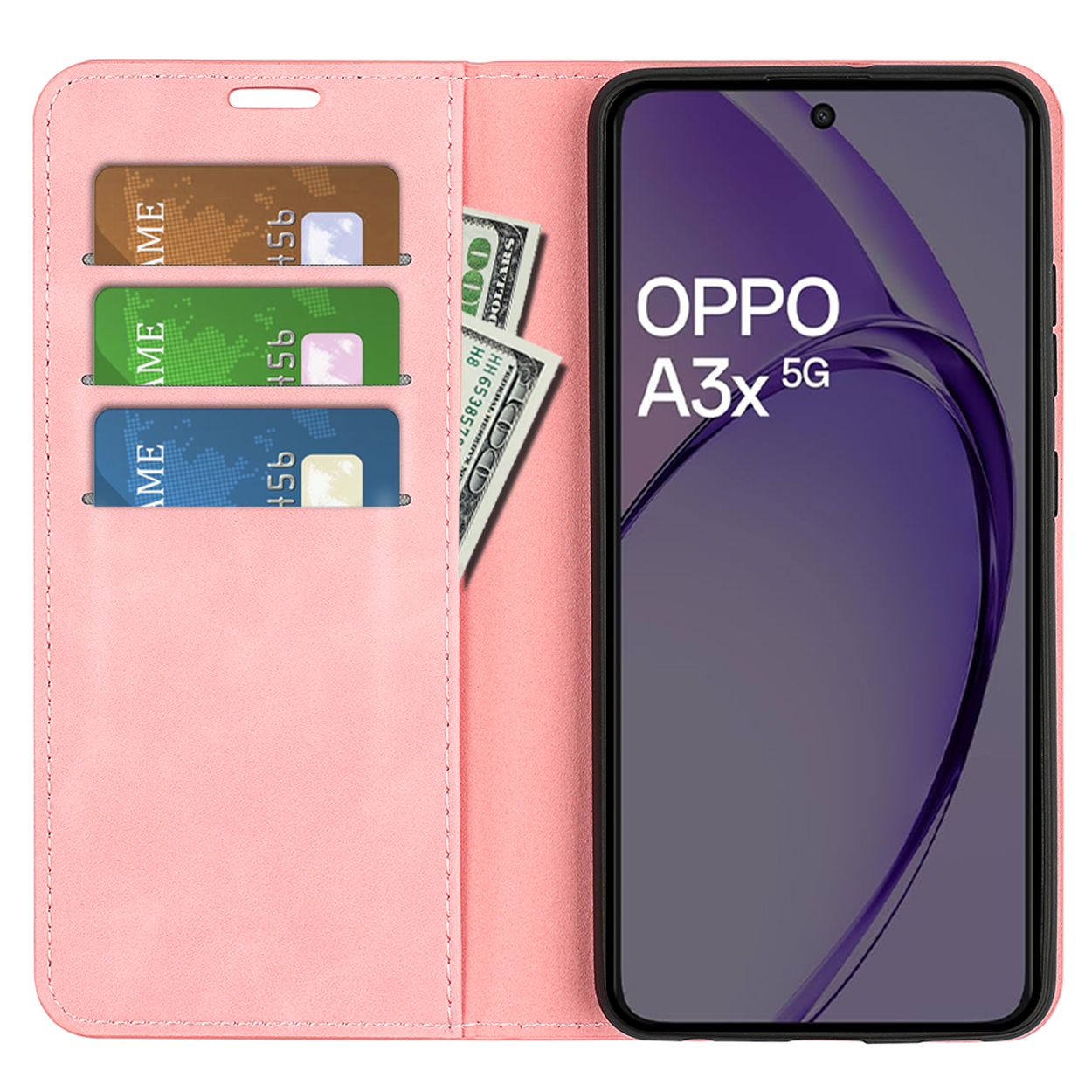 Étui de téléphone rose, ouvert, montrant des cartes, de l'argent et le téléphone. Le téléphone affiche la marque.