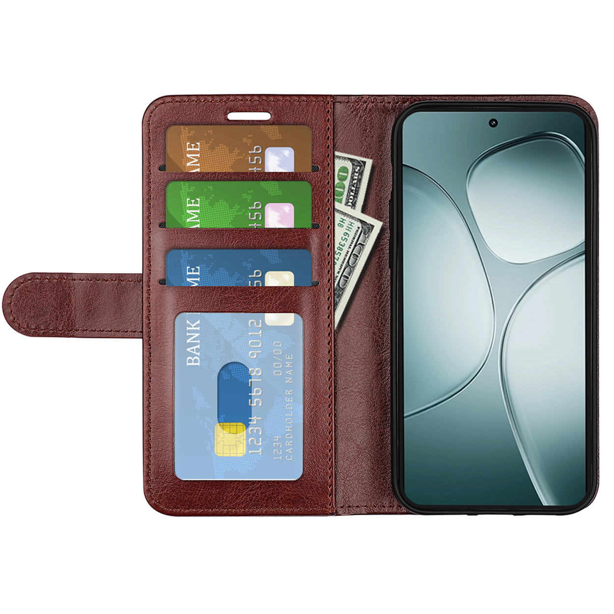 Étui de téléphone marron ouvert, avec cartes et argent. Le téléphone est à l'intérieur.