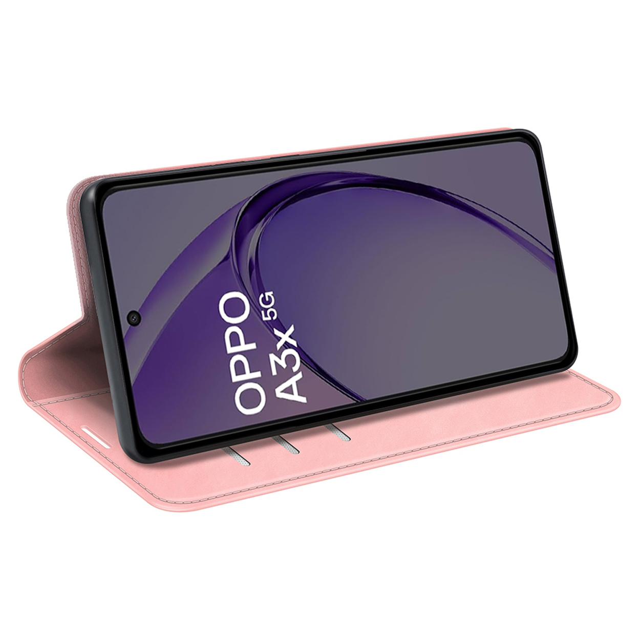 Étui de téléphone rose ouvert et incliné. L'écran du téléphone affiche le logo OPPO A3X 5G.