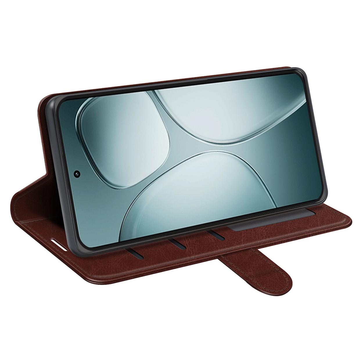 Étui de téléphone marron ouvert, avec téléphone montrant un fond bleu clair. L'étui a des fentes.