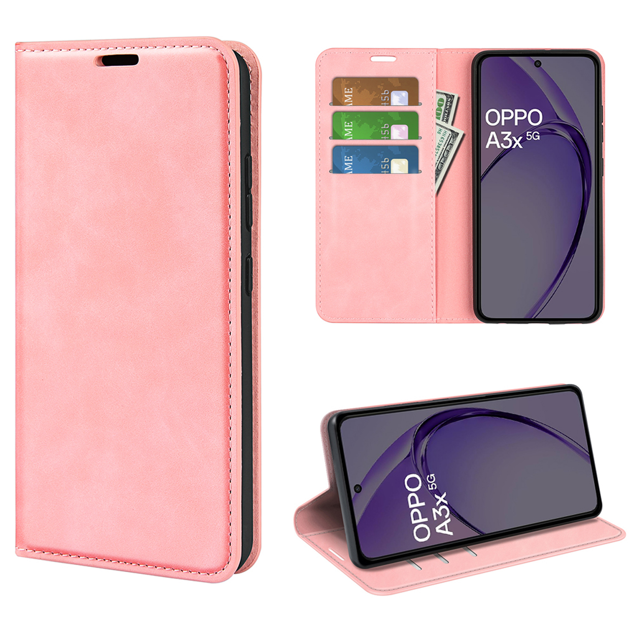 Étui de téléphone rose, ouvert et fermé. Téléphone à l'intérieur de l'étui ouvert. Cartes et argent visibles.
