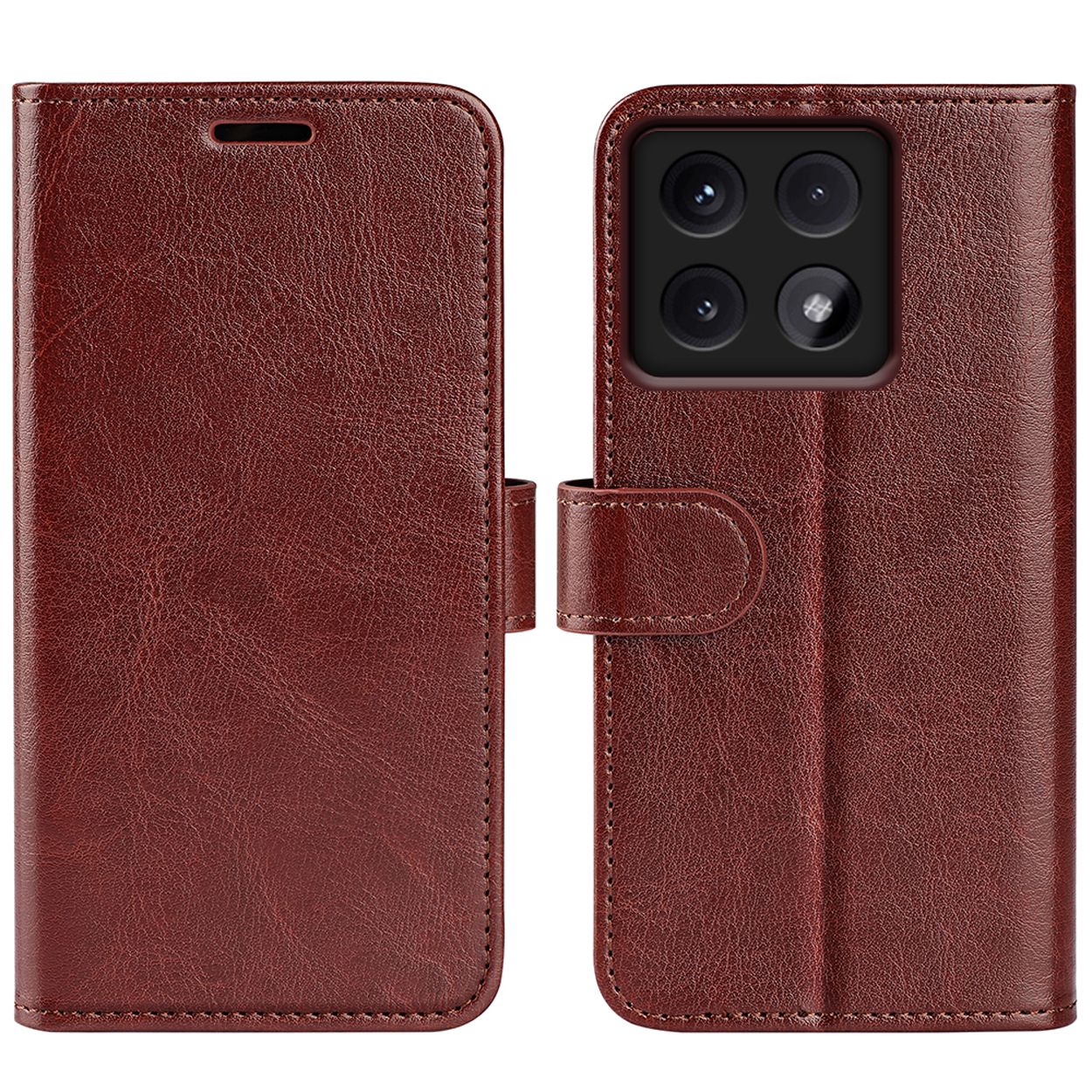 Étui de téléphone marron ouvert, avec téléphone à l'intérieur. L'étui est fermé à droite.