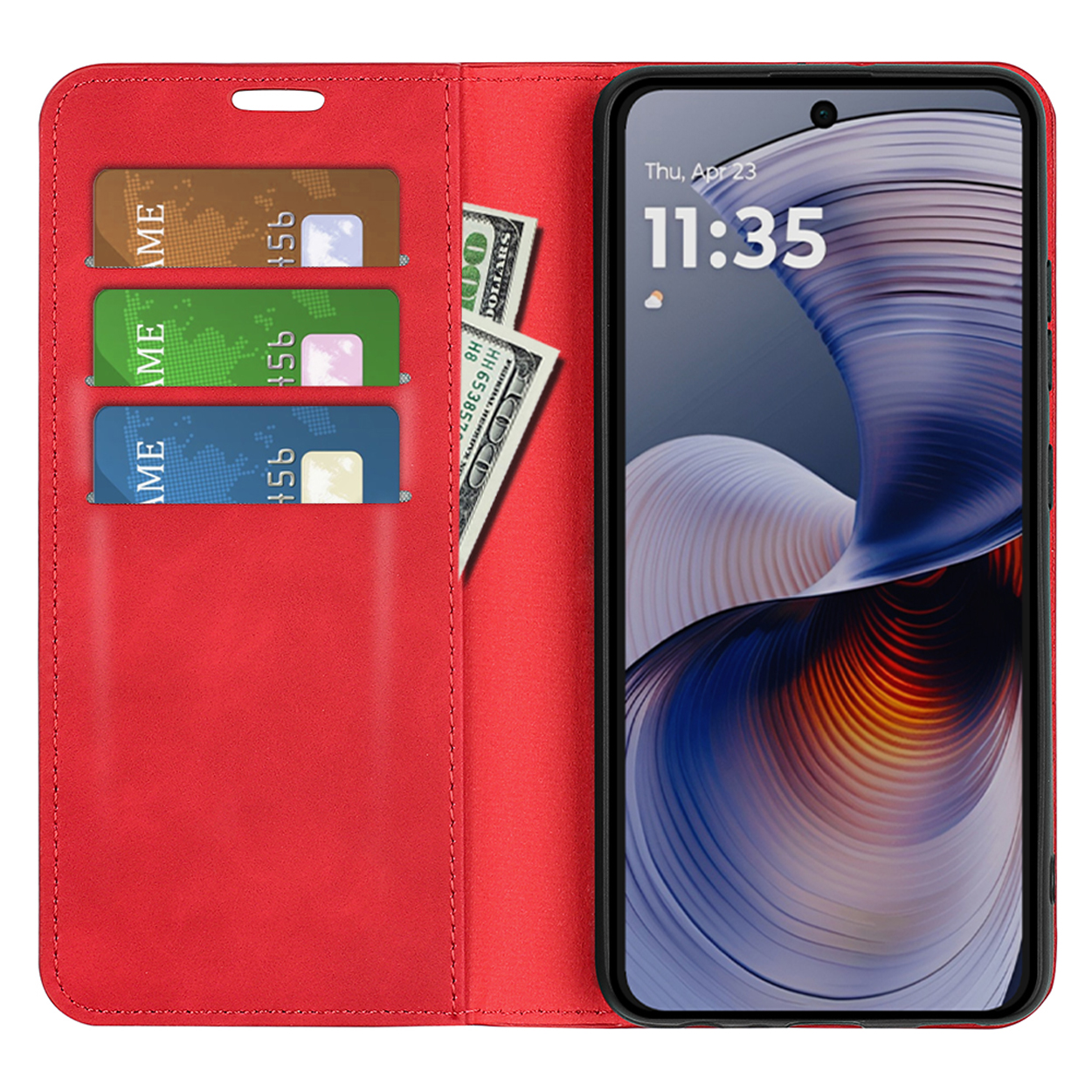 Rode telefoonhoes open, met kaarten, dollars en een telefoon die de tijd weergeeft. De hoes is rood.