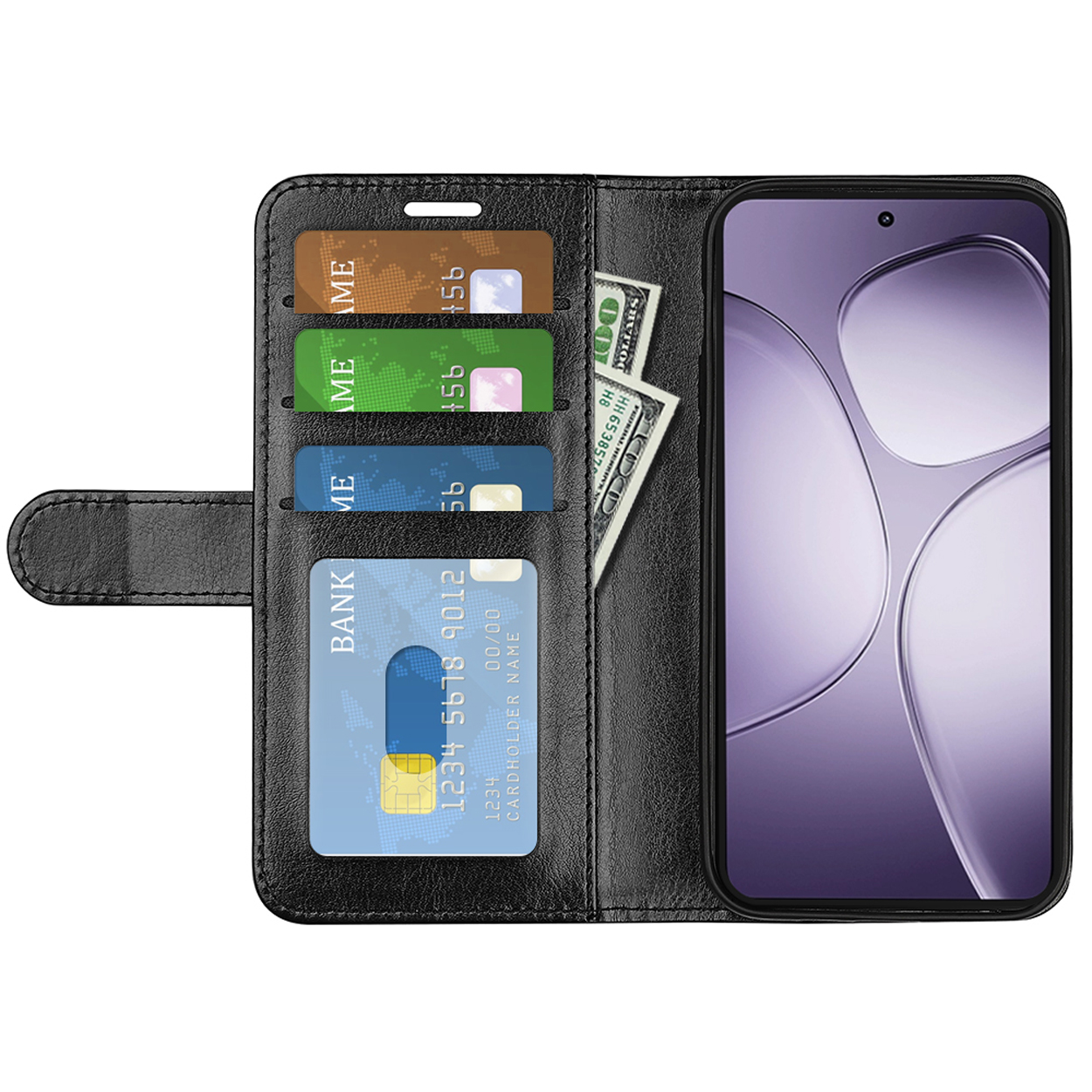 Zwarte telefoonhoes, open met kaarten en geld. Telefoon zit in de hoes.