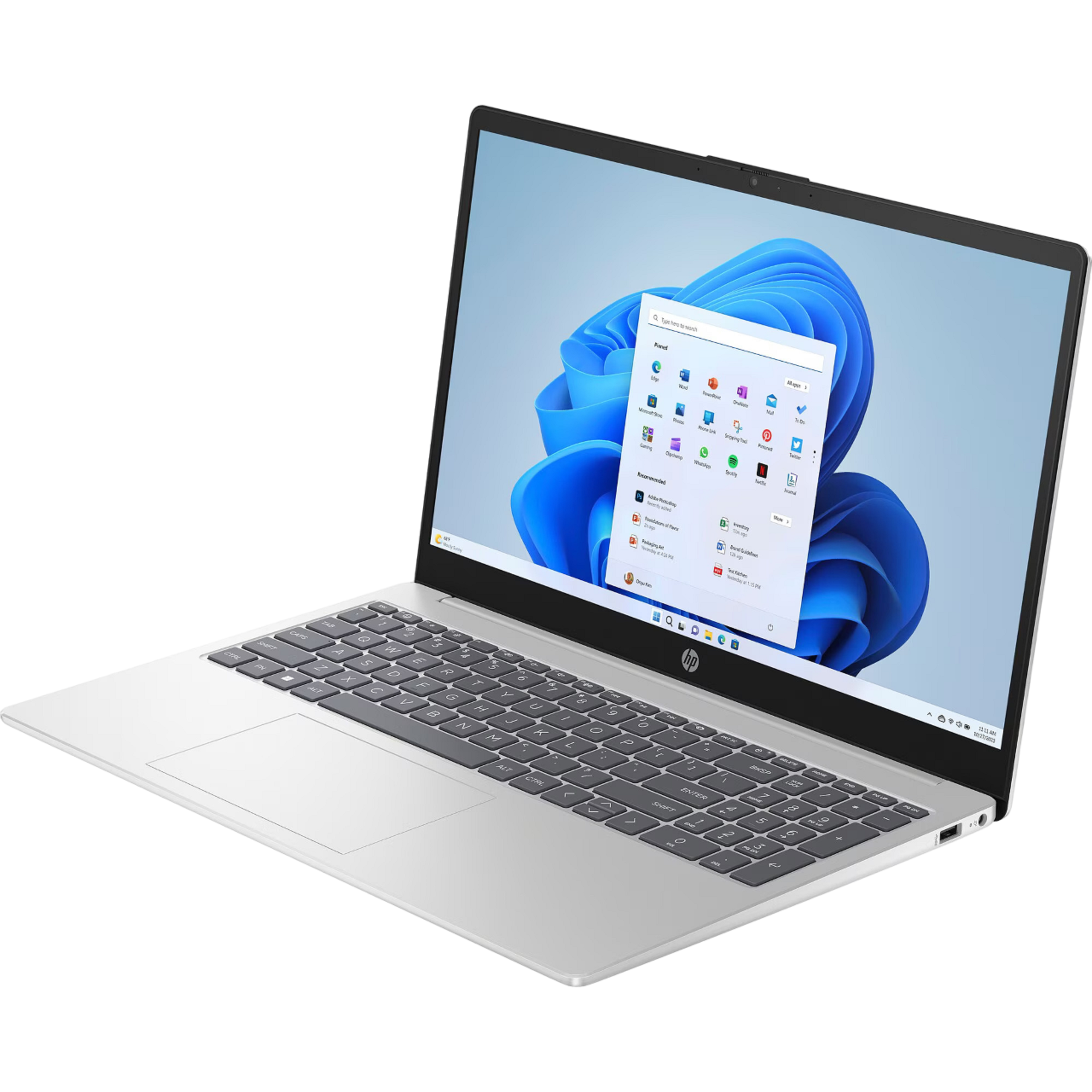 Silberner Laptop offen auf weißer Oberfläche. Der Bildschirm zeigt einen Windows-Startbildschirm.