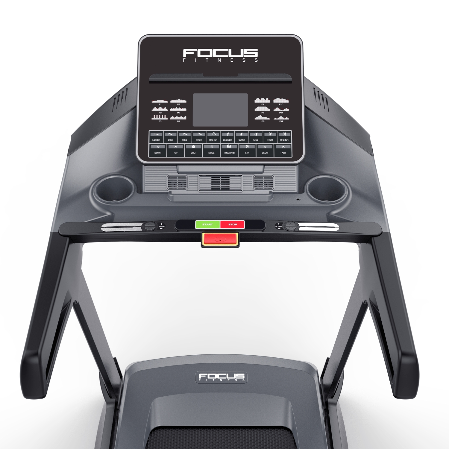 Treadmill with console, start/stop buttons, and cup holders on white background.