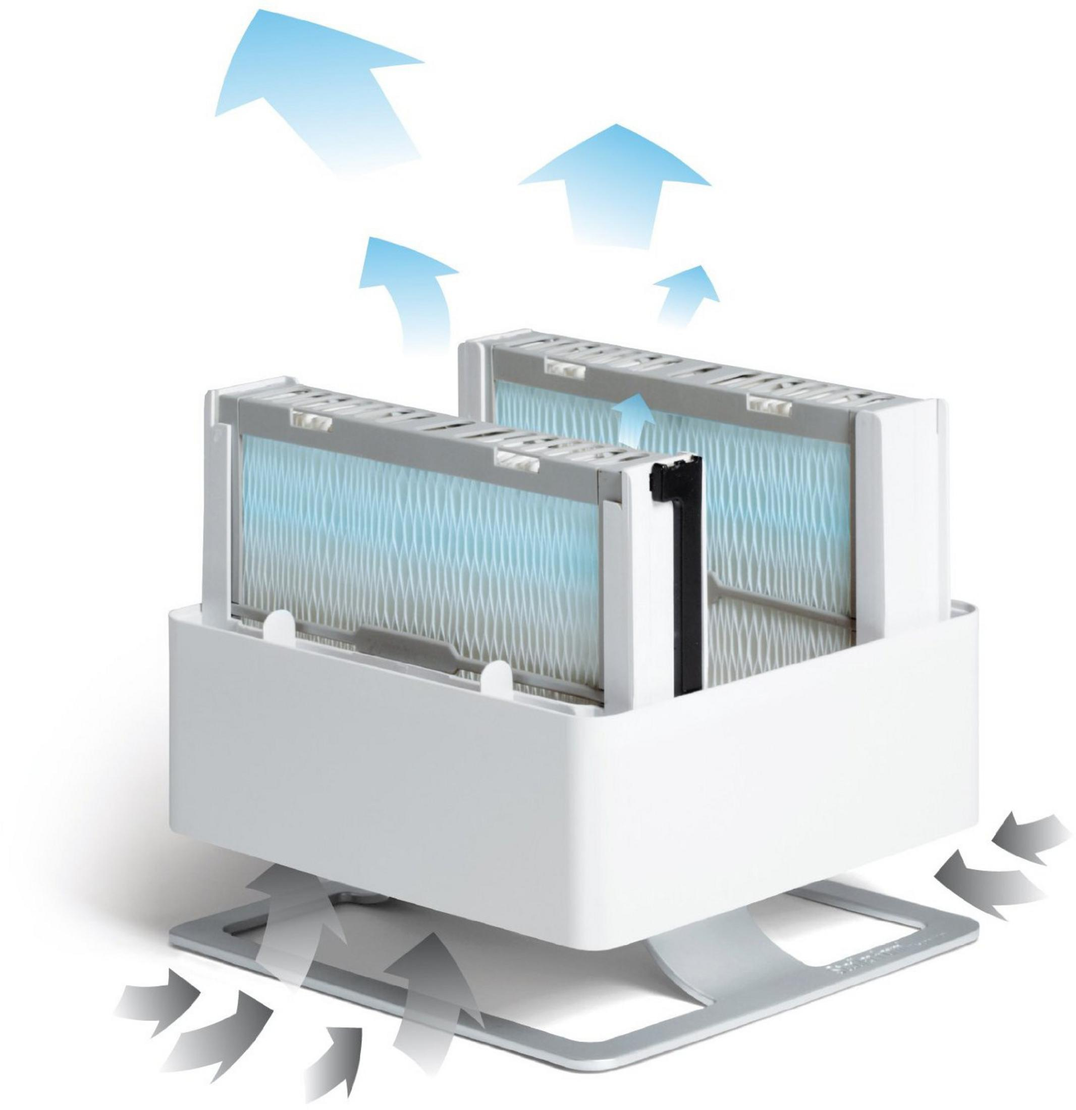 Humidifier parts. Two filters with arrows showing air circulation, and a white base.