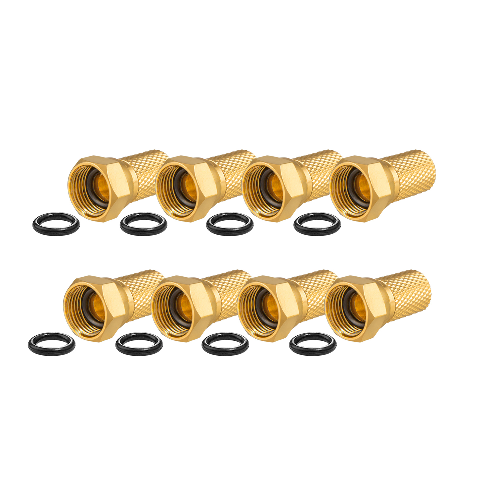 Acht goldene Koaxialkabelverbinder mit schwarzen O-Ringen auf weißem Grund.