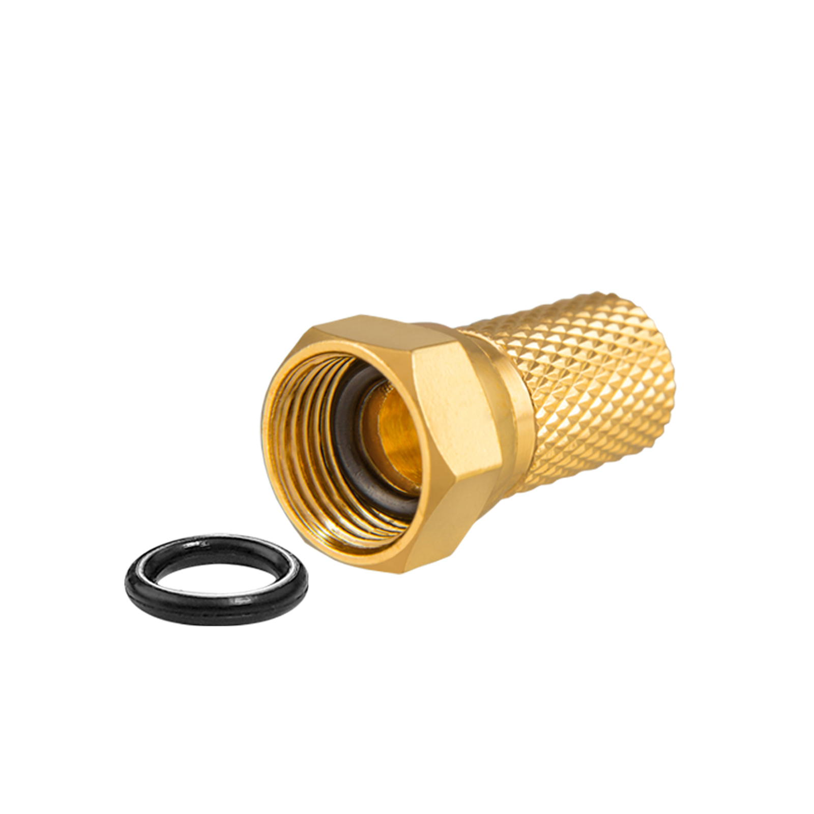Ein goldener Stecker mit Rändel und separatem schwarzem O-Ring.