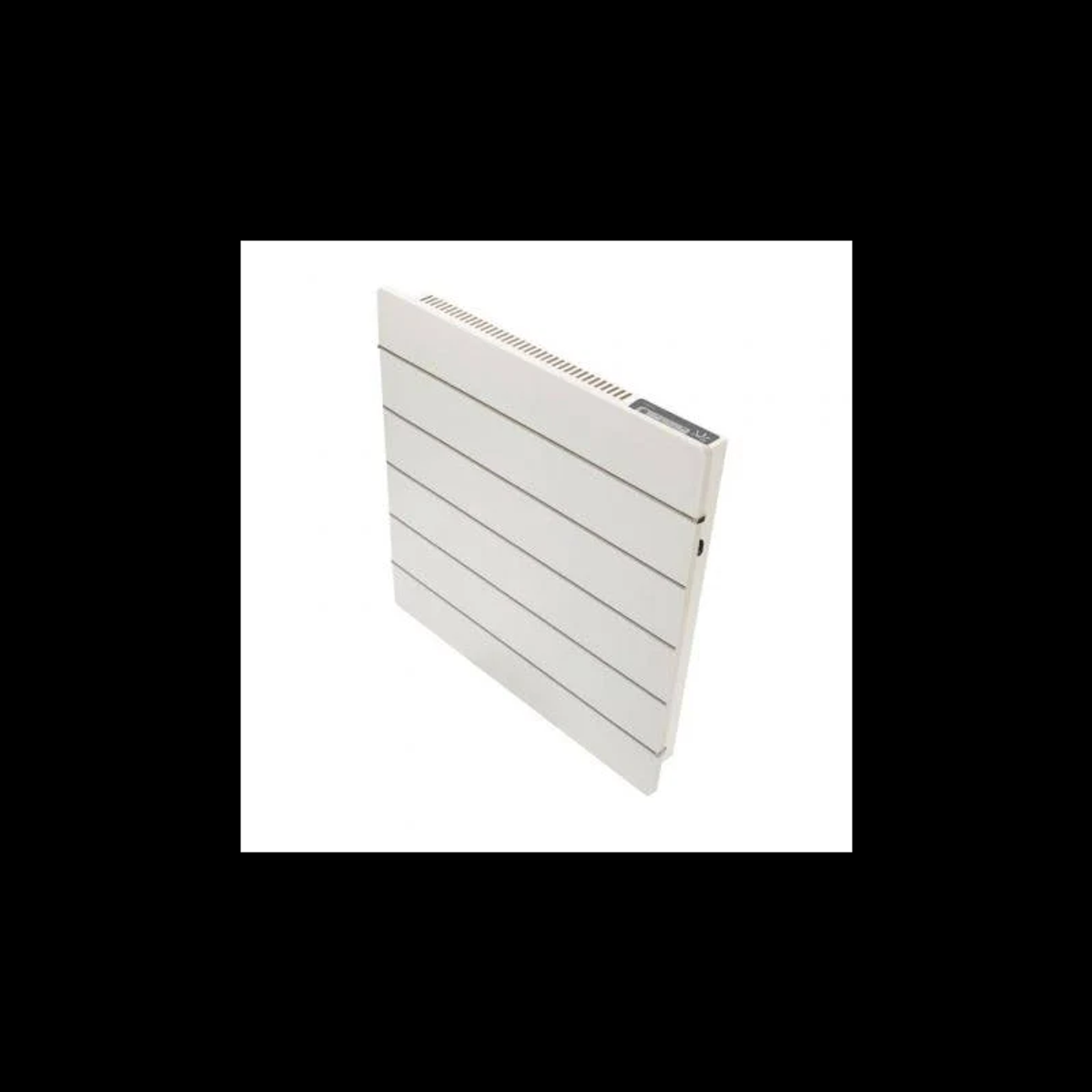 Calentador eléctrico blanco montado en la pared con lamas horizontales y un pequeño panel de control.