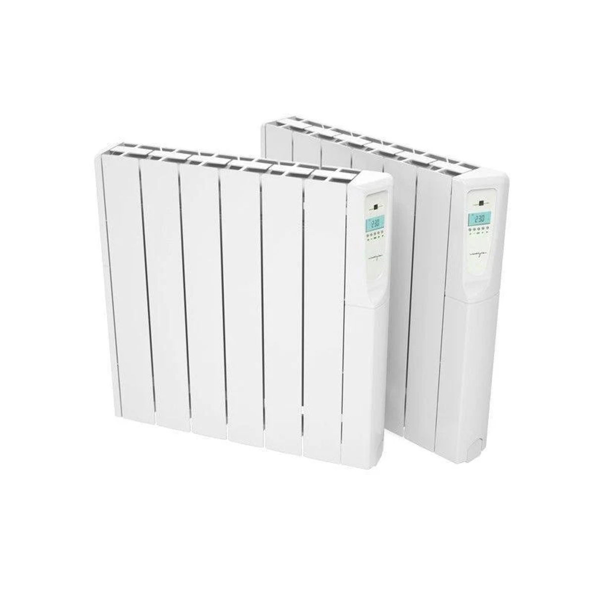Se muestran dos radiadores eléctricos blancos con pantallas digitales sobre un fondo blanco.