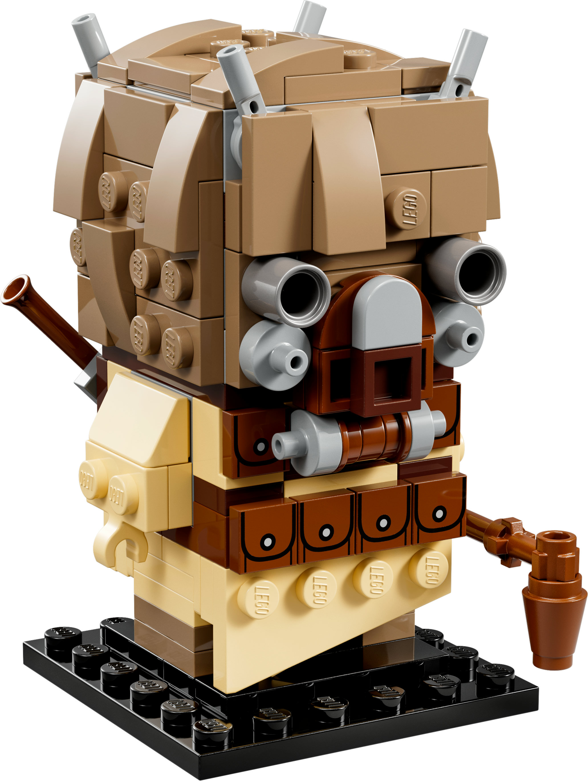 Lego-Figur mit hellbraunen und braunen Blöcken, Basis und zwei Haltestäben.