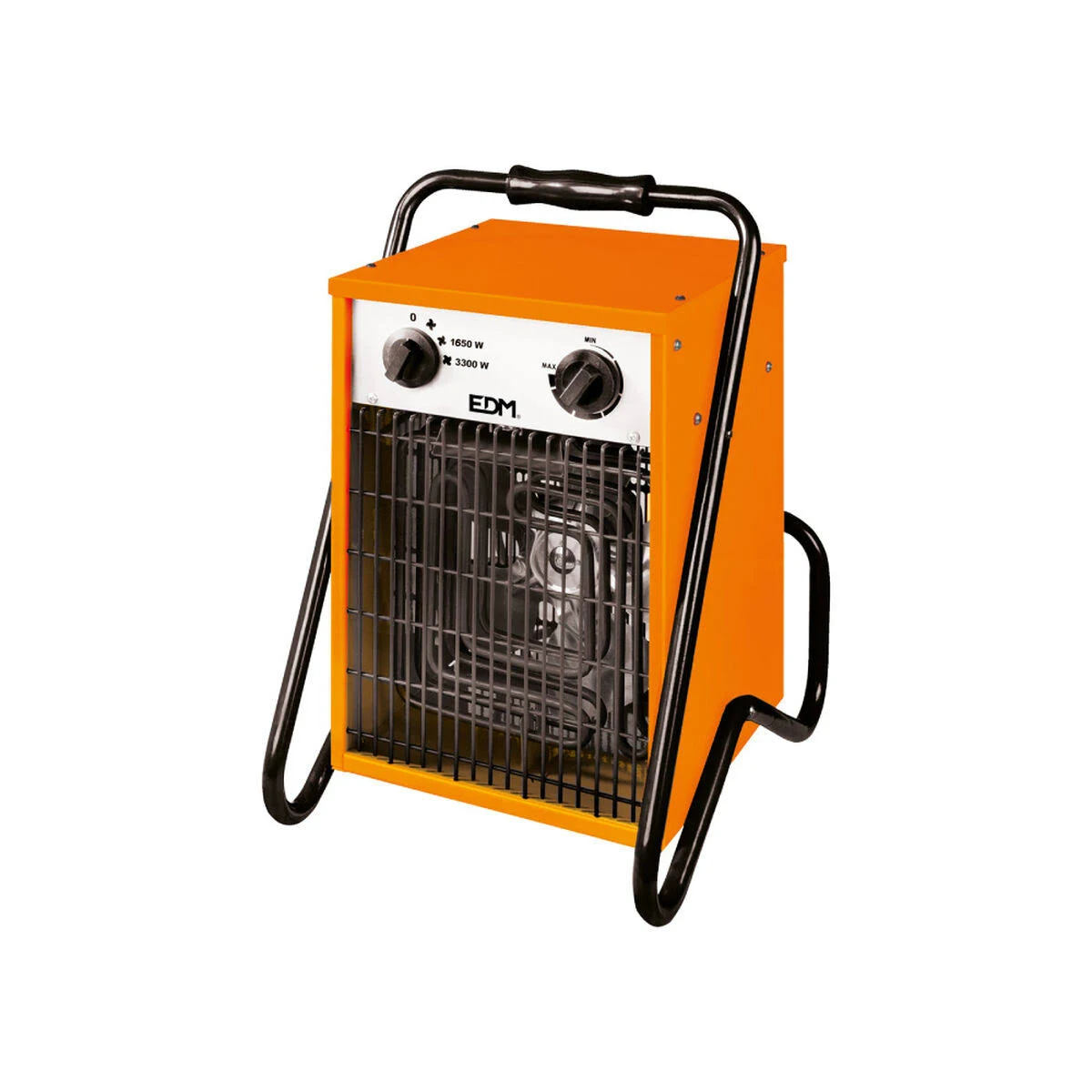 Calentador eléctrico naranja con asa y rejilla negras. Dos diales y un logotipo visibles.