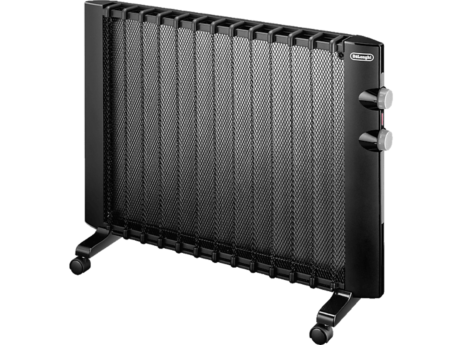 Czarny grzejnik z siatkowym przodem na czarnym tle.