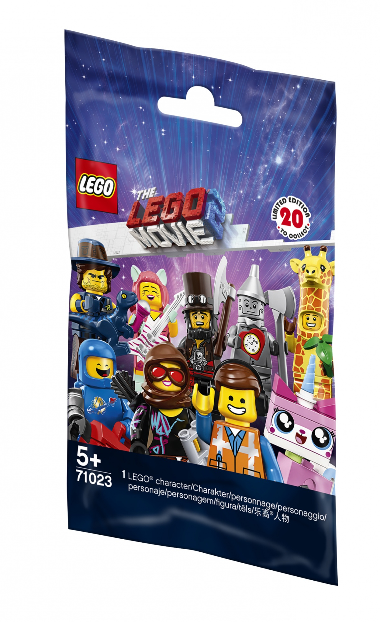 Eine Tüte mit LEGO-Filmfiguren. Zu den Figuren gehören ein Cowboy, ein Astronaut und andere Charaktere.