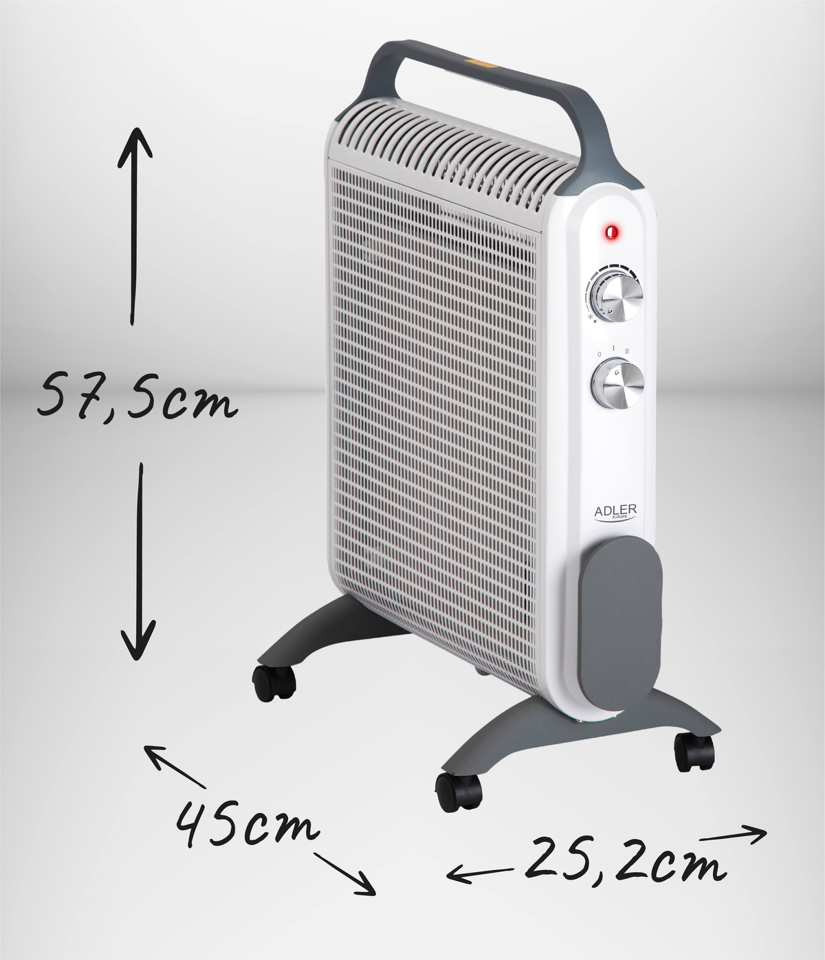 Biały grzejnik z szarymi detalami i wymiarami: 57,5 cm wysokości, 45 cm szerokości, 25,2 cm głębokości.