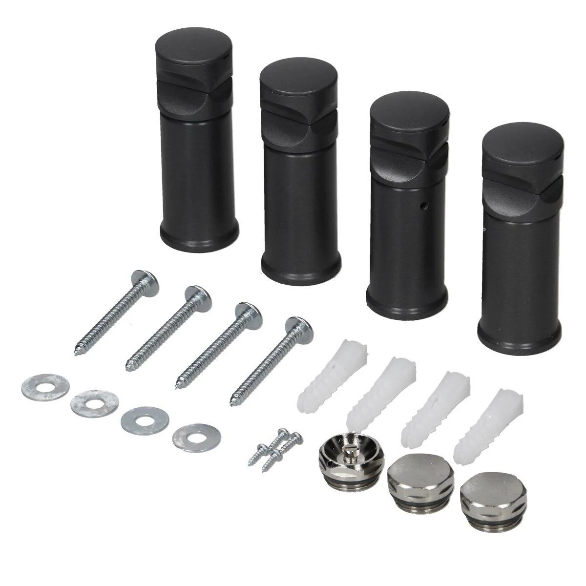 Hardware-Kit mit schwarzen Zylindern, Schrauben, Unterlegscheiben und Dübeln zur Montage.
