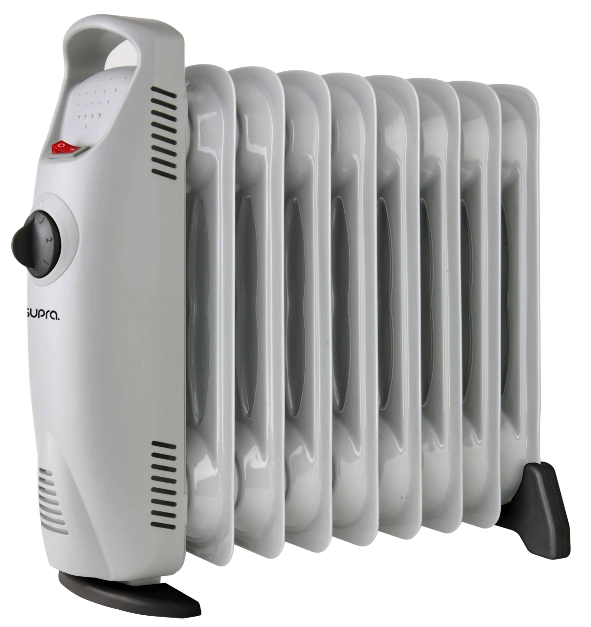 Biały grzejnik olejowy z żebrami. Ma czarne pokrętło i markę Supra.