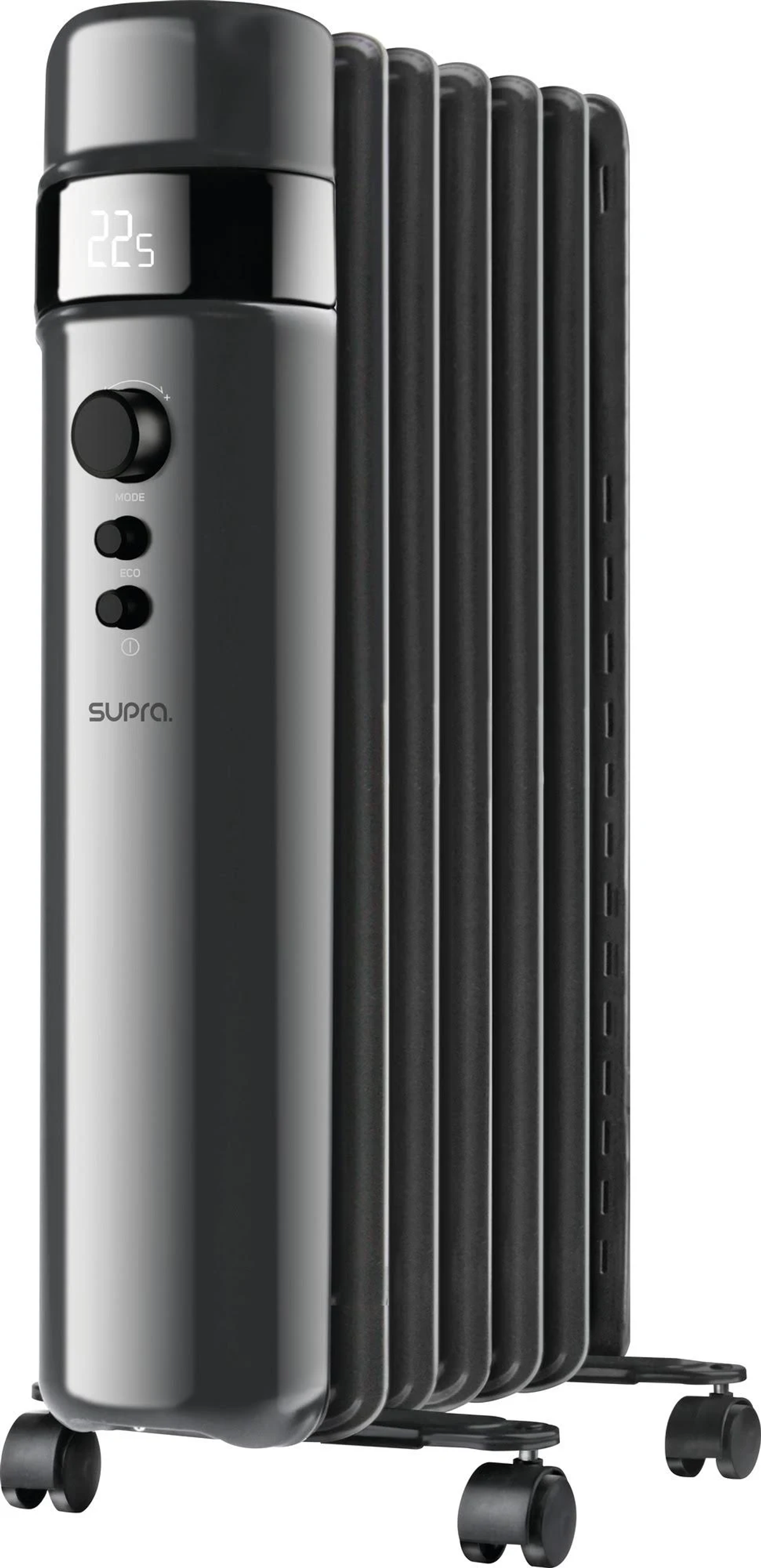 Ciemnoszary, nowoczesny grzejnik olejowy z wyświetlaczem cyfrowym i kółkami.