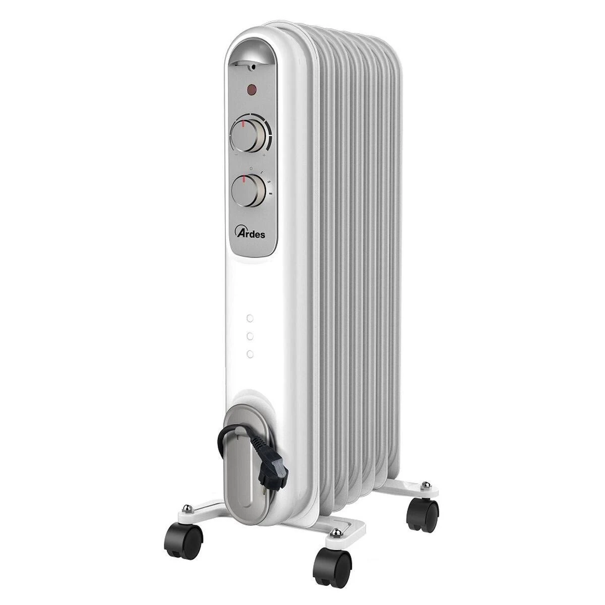 Biały grzejnik olejowy Ardes z kontrolkami i czarnymi kółkami. Izolowany na białym tle.