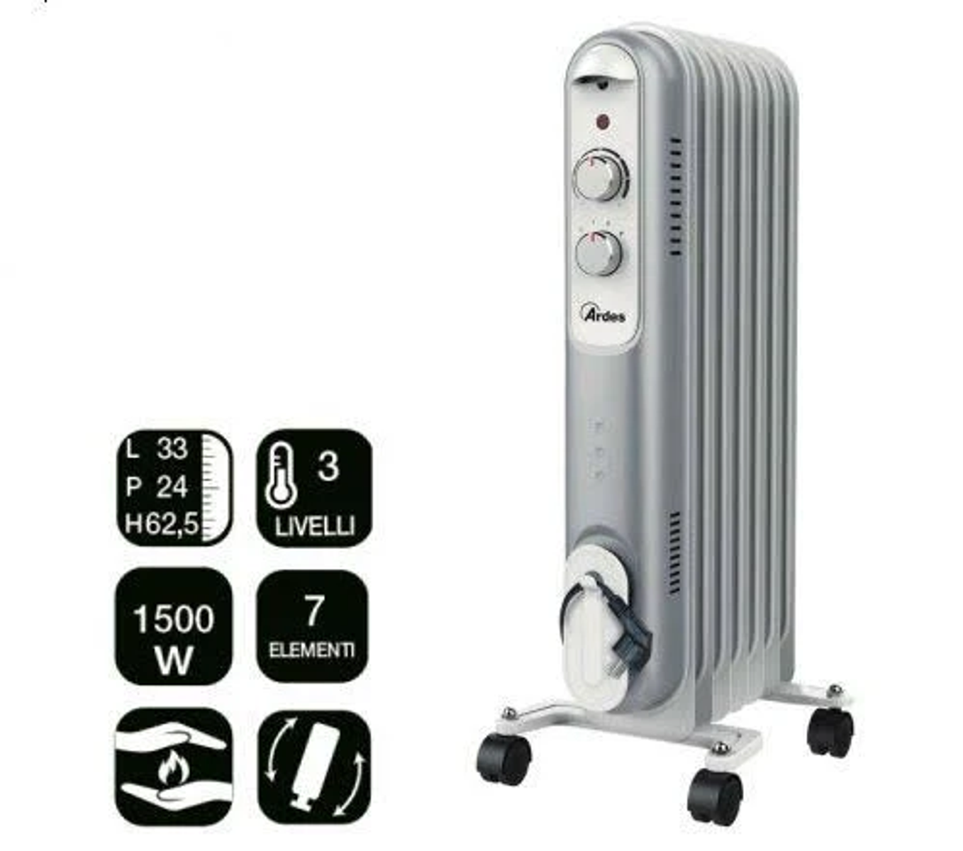 Srebrny grzejnik olejowy Ardes z elementami sterującymi i przewodem zasilającym, obok ikon.