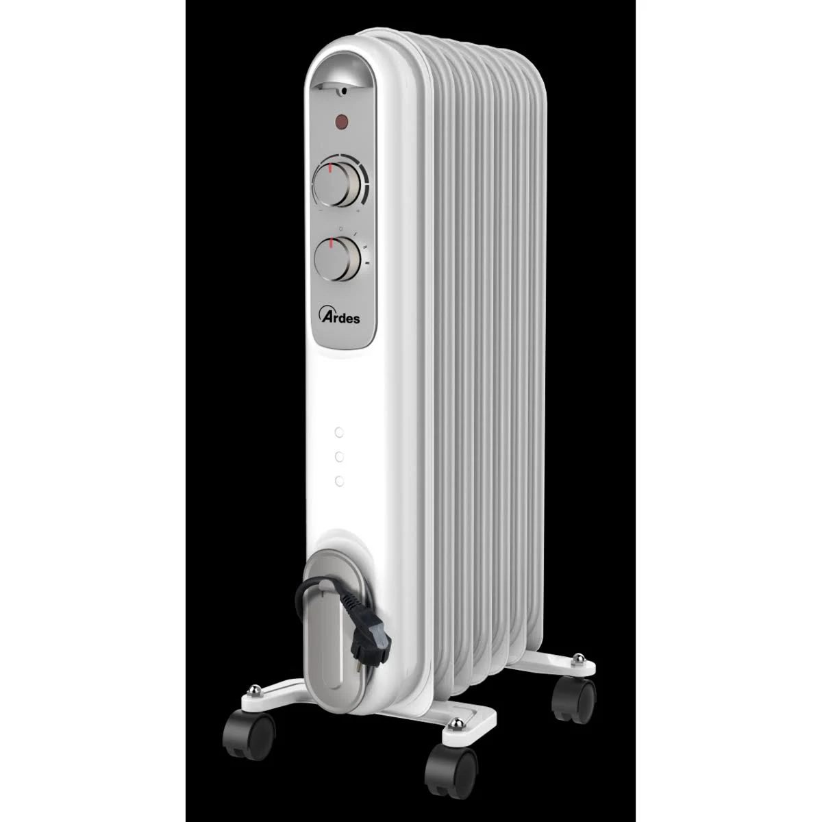 Biały grzejnik olejowy z elementami sterującymi. Ma żebra i jest na czarnym tle.