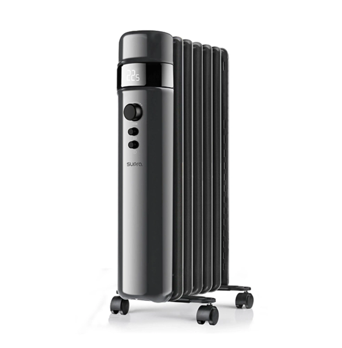 Ciemnoszary grzejnik elektryczny na kółkach. Posiada wyświetlacz cyfrowy i przyciski sterowania.