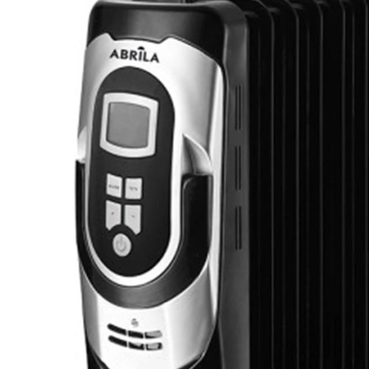 La parte anteriore di un radiatore ad olio Abril nero e argento, con display digitale e pulsanti.