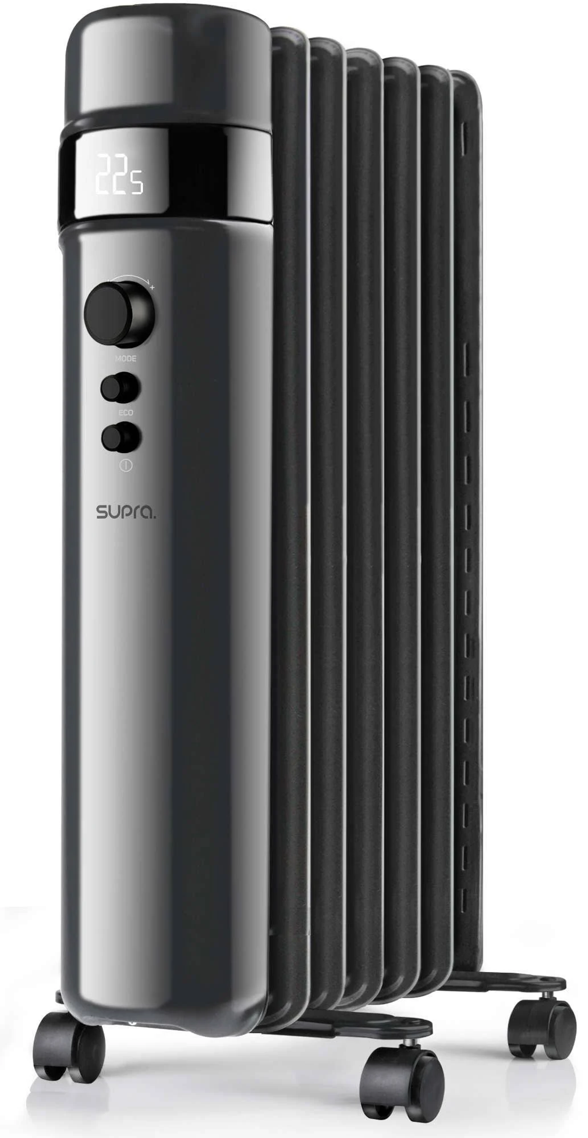 Ciemnoszary grzejnik elektryczny Supra. Posiada wyświetlacz cyfrowy, pokrętło sterowania i czarne koła.