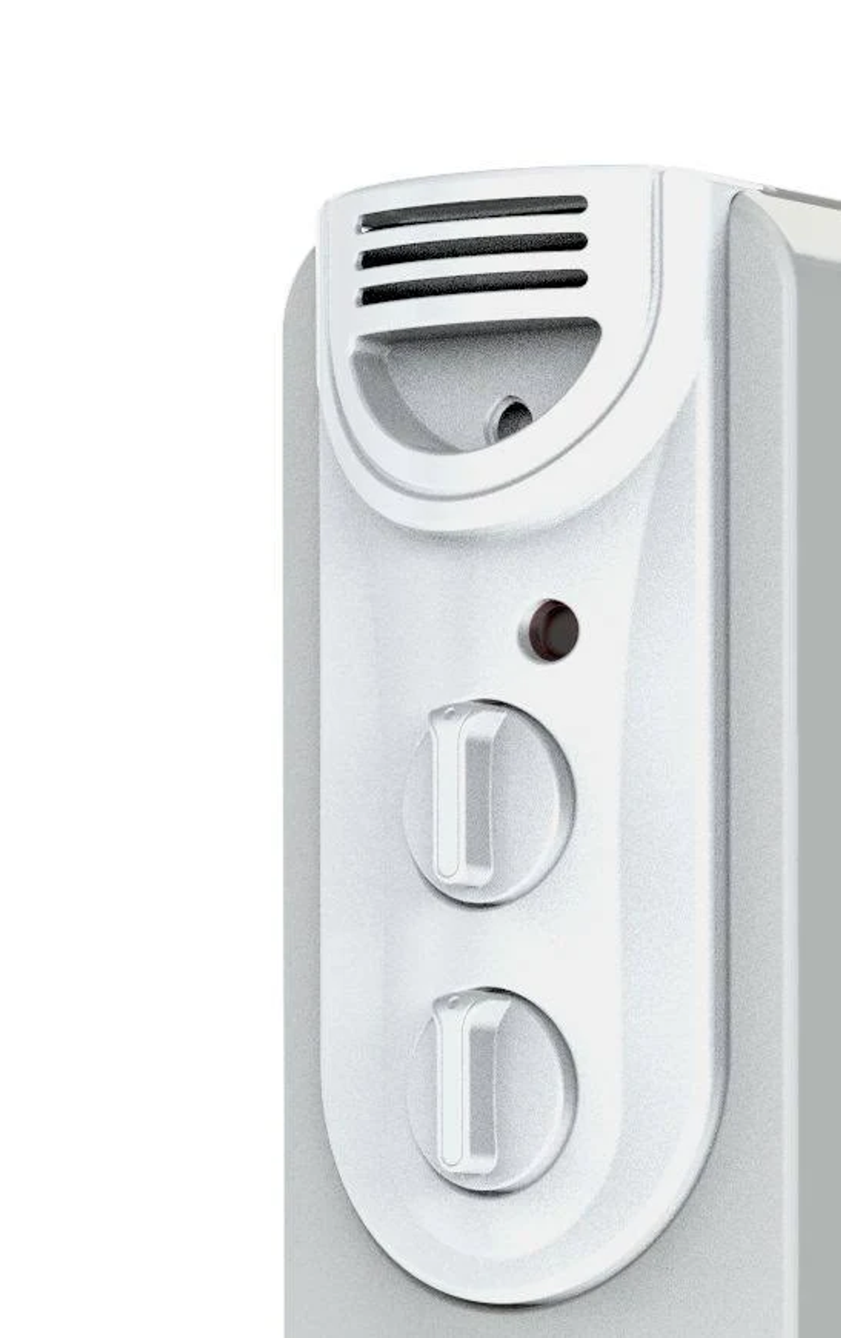 Zbliżenie panelu sterowania białego grzejnika elektrycznego z pokrętłami i otworami wentylacyjnymi.