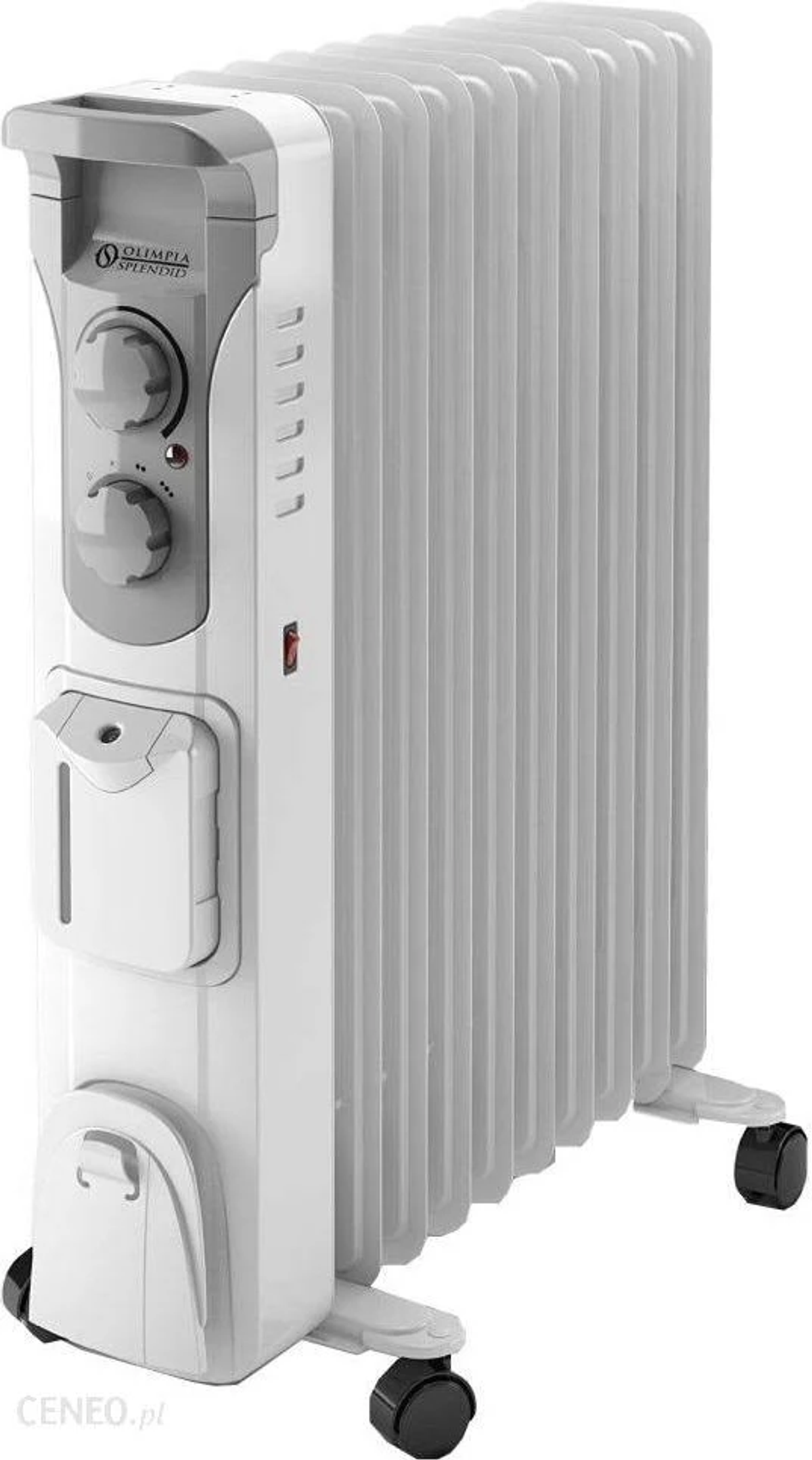 Biało-szary grzejnik olejowy na kółkach. Szare elementy sterujące i czarne koła. Białe tło.