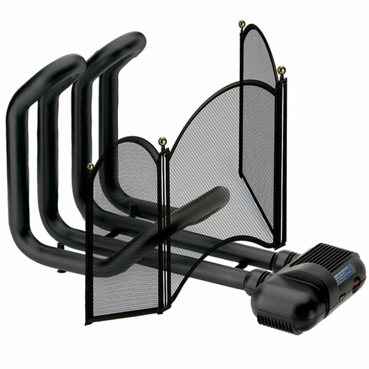 Ventilatore per camino nero con schermi a rete ed elementi decorativi.