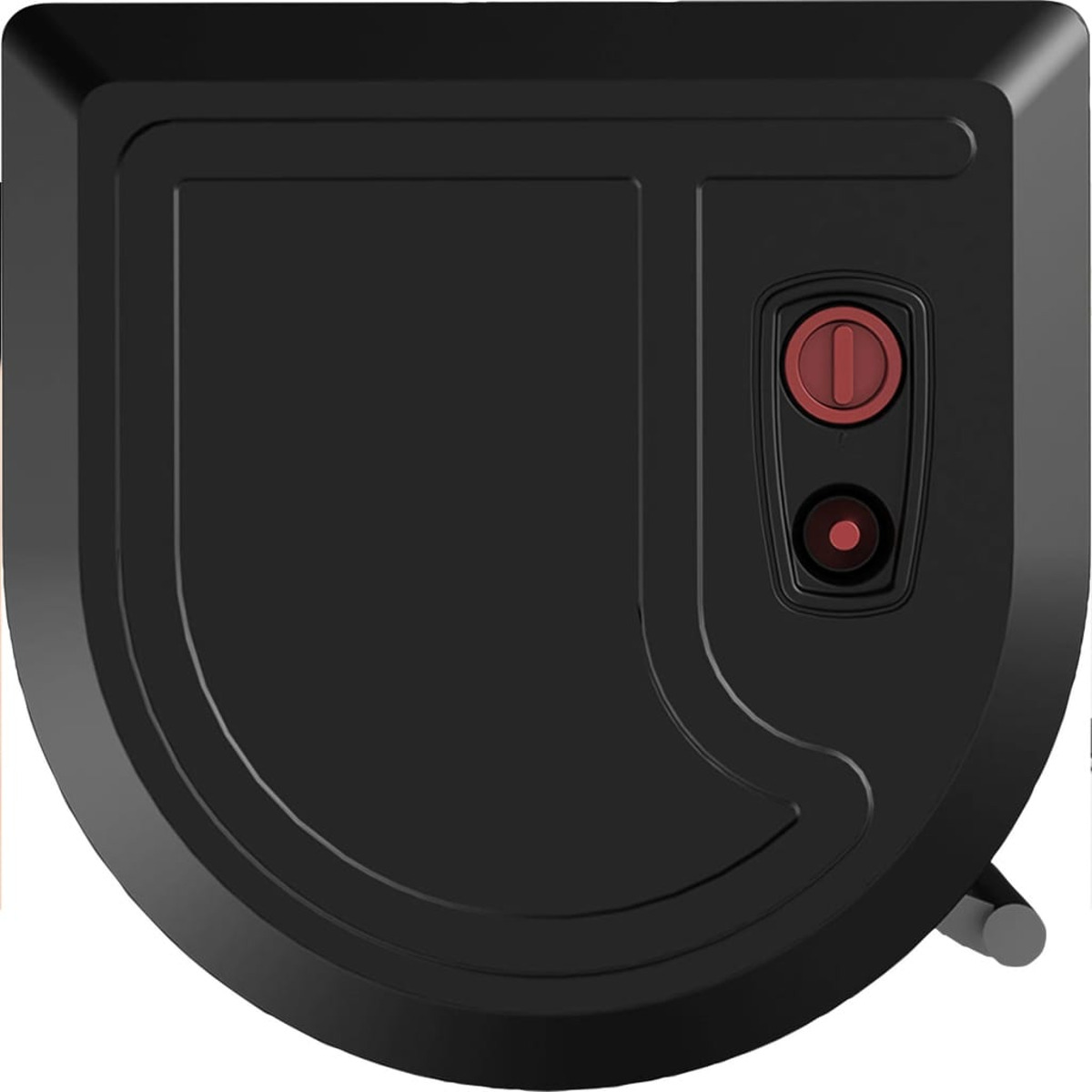 Vista dall'alto di un robot aspirapolvere nero, con pulsanti rossi e design curvo.