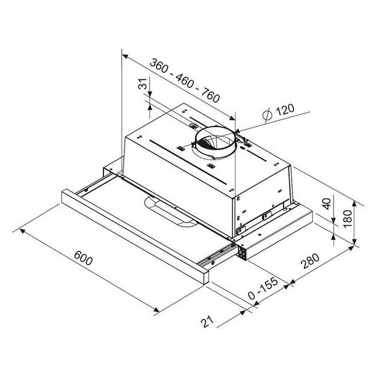 Technisches Diagramm einer Dunstabzugshaube mit Abmessungen in Millimetern.