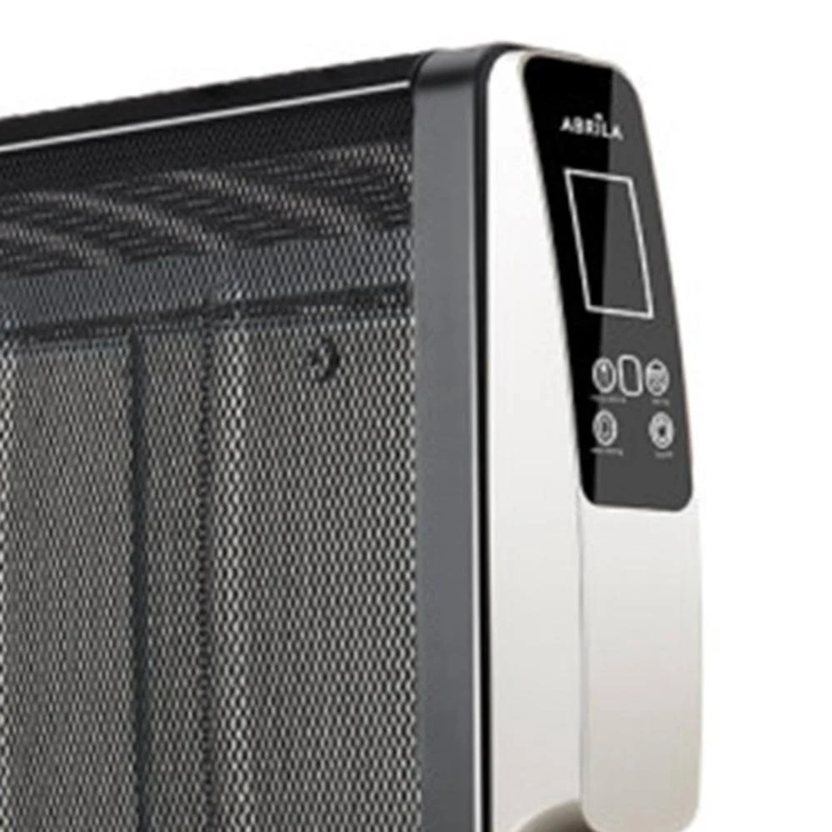 Primo piano di un riscaldatore nero e bianco con display digitale e pulsanti. È visibile una griglia.